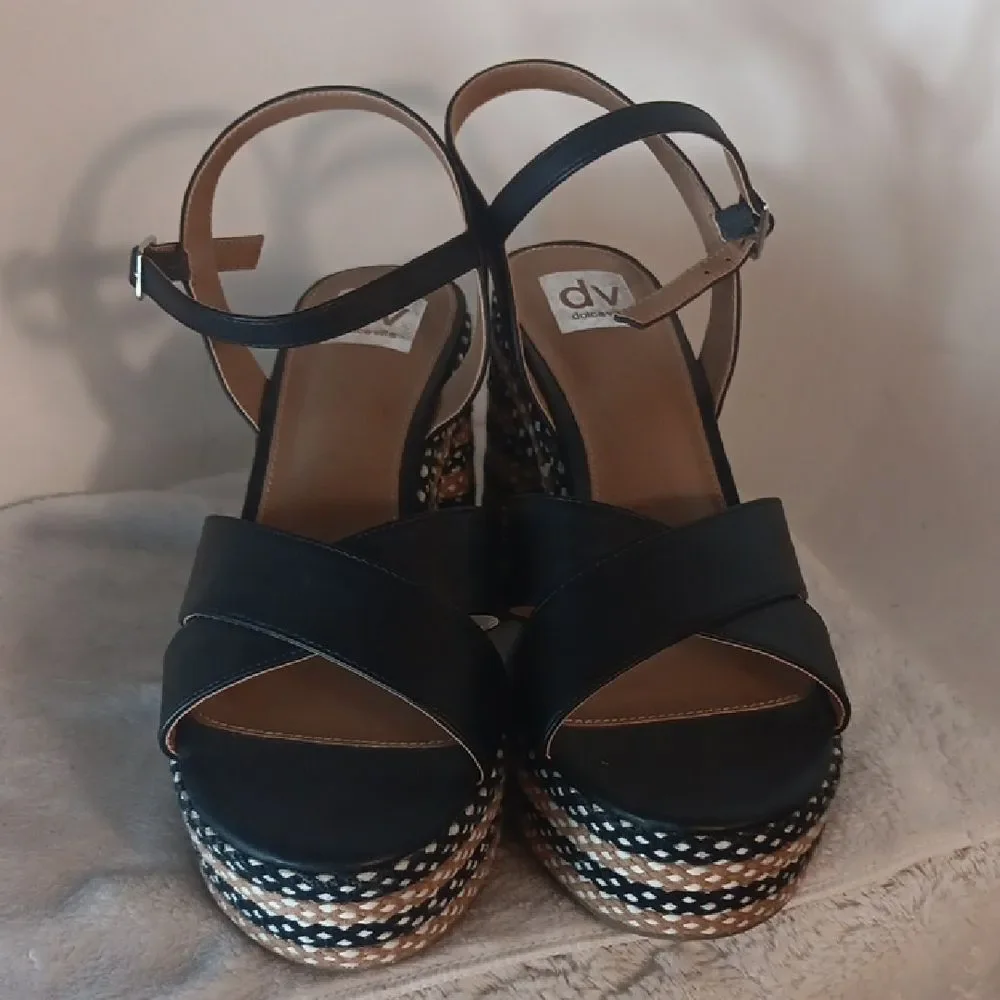 Dolce Vita Black Platform Sandals with Woven Tan & White Trim
